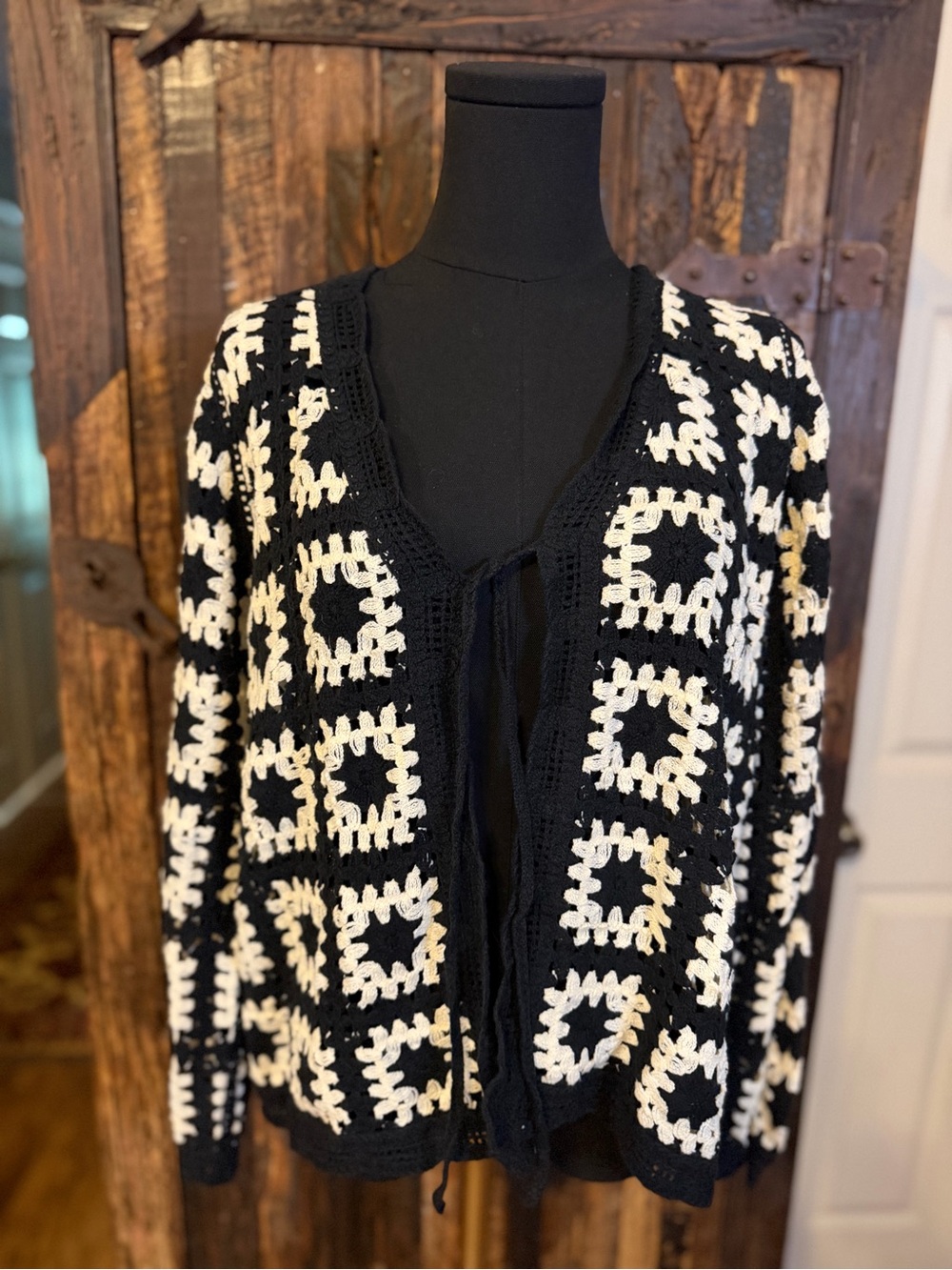 Cato Crochet Cardigan Women L Black Cream Granny Square Boho Tie Front Sweater